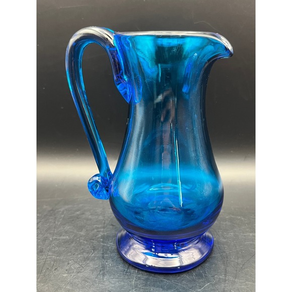 Vtg Hand Blown‎ Blue Glass Pitcher Vase Decorative Tableware Kitchen Decor 5" - Picture 3 of 6